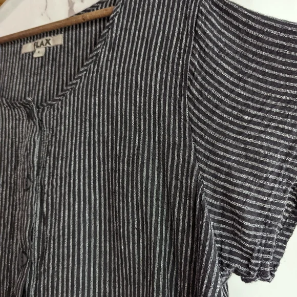 SALE LIMITED TIME Flax Top Short Sleeve Stripe Black Linen Tunic Lagenlook - Picture 8 of 13